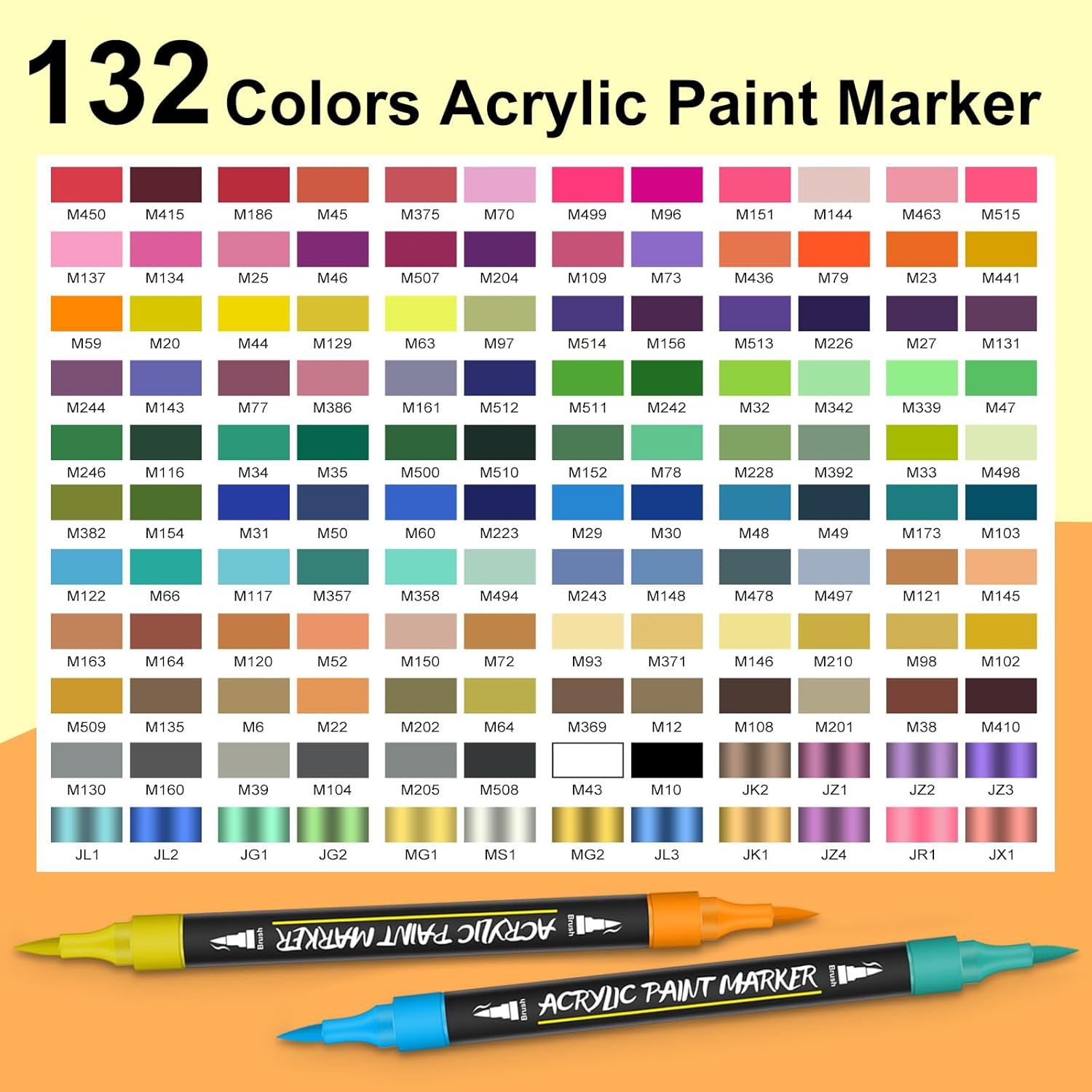 Showcases the wide range of 132 colors available in the acrylic paint marker set, helping customers understand the product's extensive color options.
