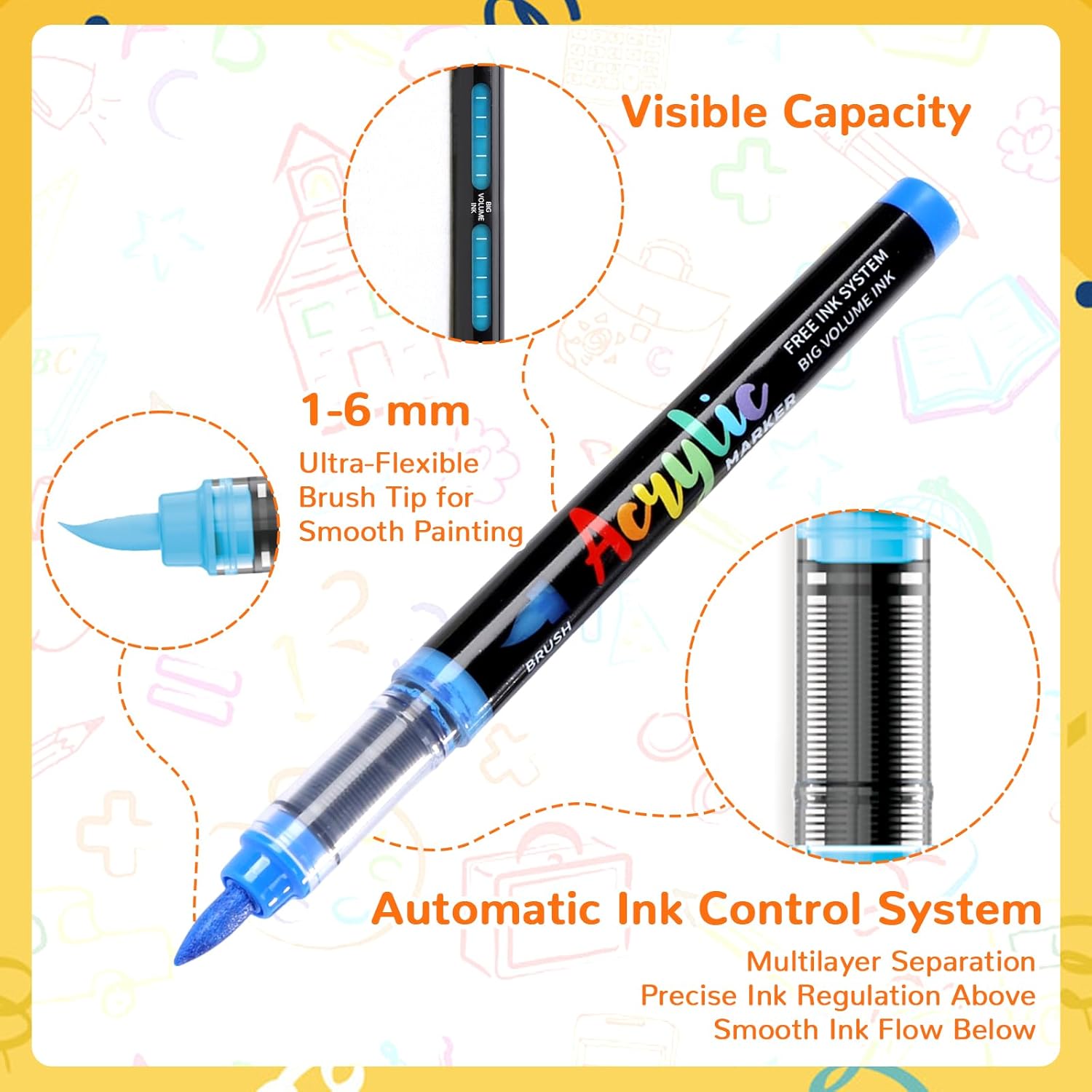 Highlights key features of the pen's design to demonstrate its precision and ease of use for painting and drawing.