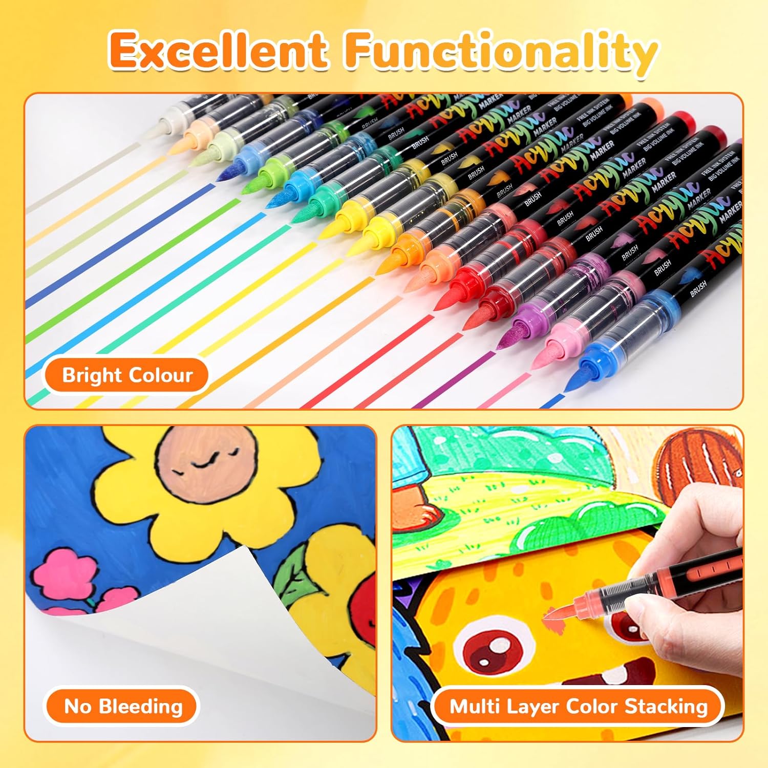 Showcases multiple key features of the markers to demonstrate their versatility and quality for various artistic applications.
