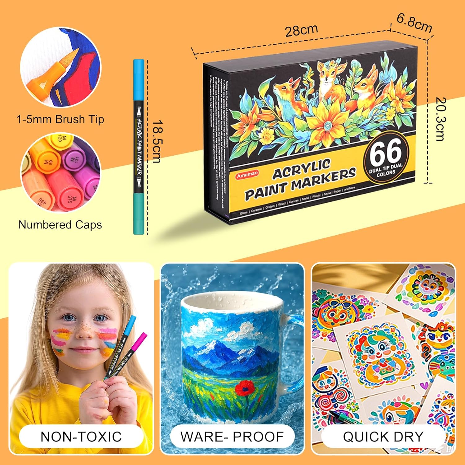 Highlights multiple key features and benefits of the acrylic paint markers to show their versatility and safety for various creative applications.