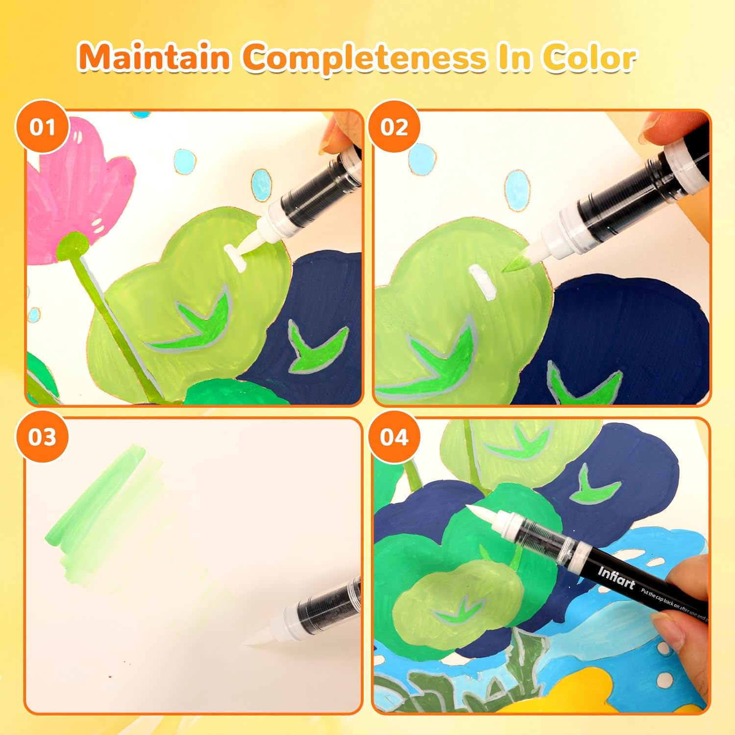 Demonstrates how to maintain color completeness when using markers or paint pens for artistic projects.