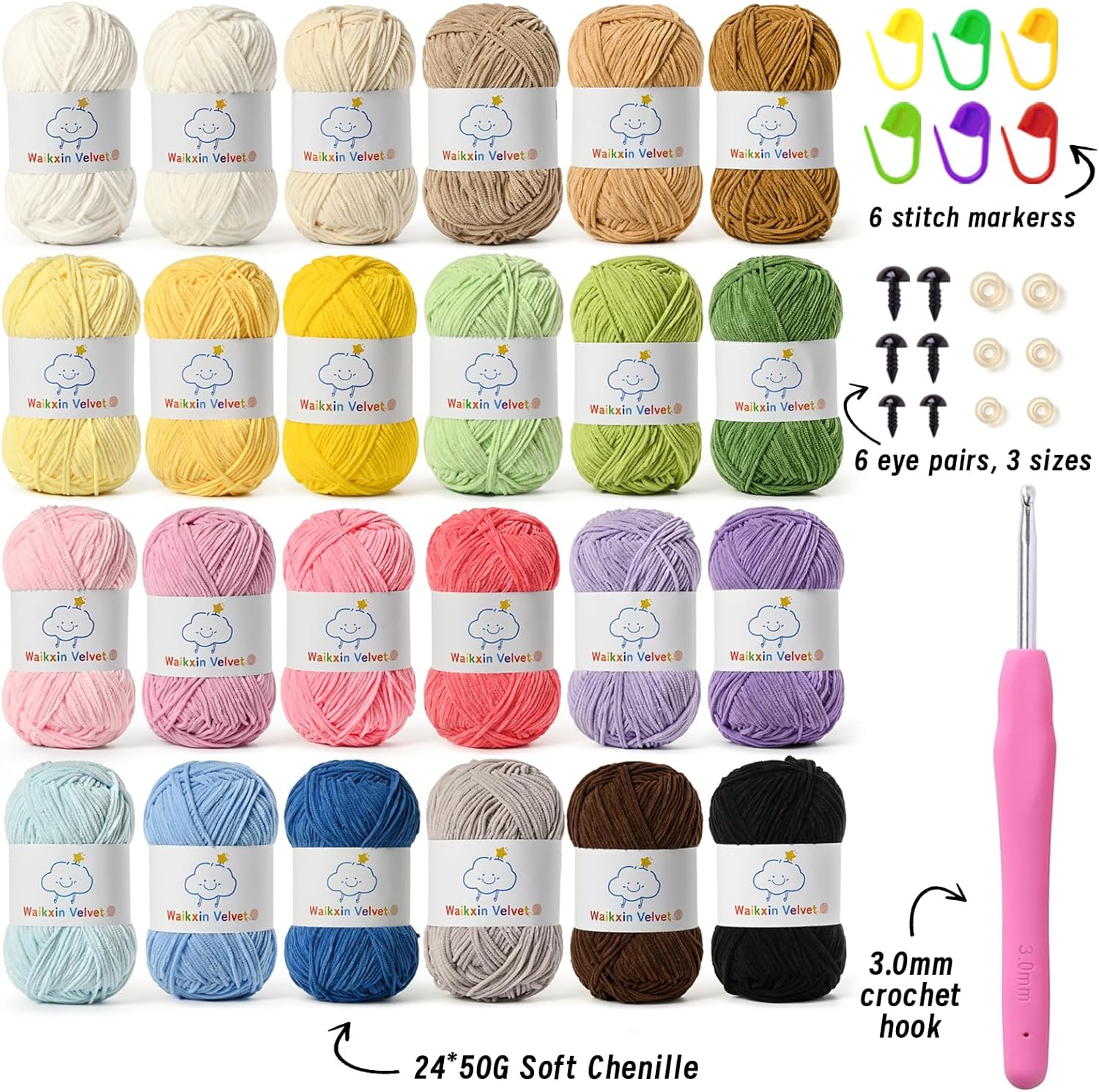 Shows the complete set of yarn colors and crochet accessories included in the package, helping customers understand the full value of the product.
