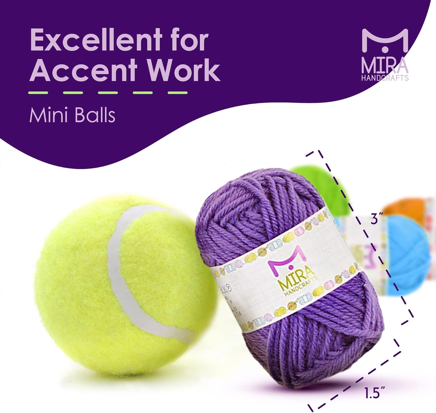 Highlights the small size of the yarn balls, making them ideal for accent work and detail-oriented crafting projects.