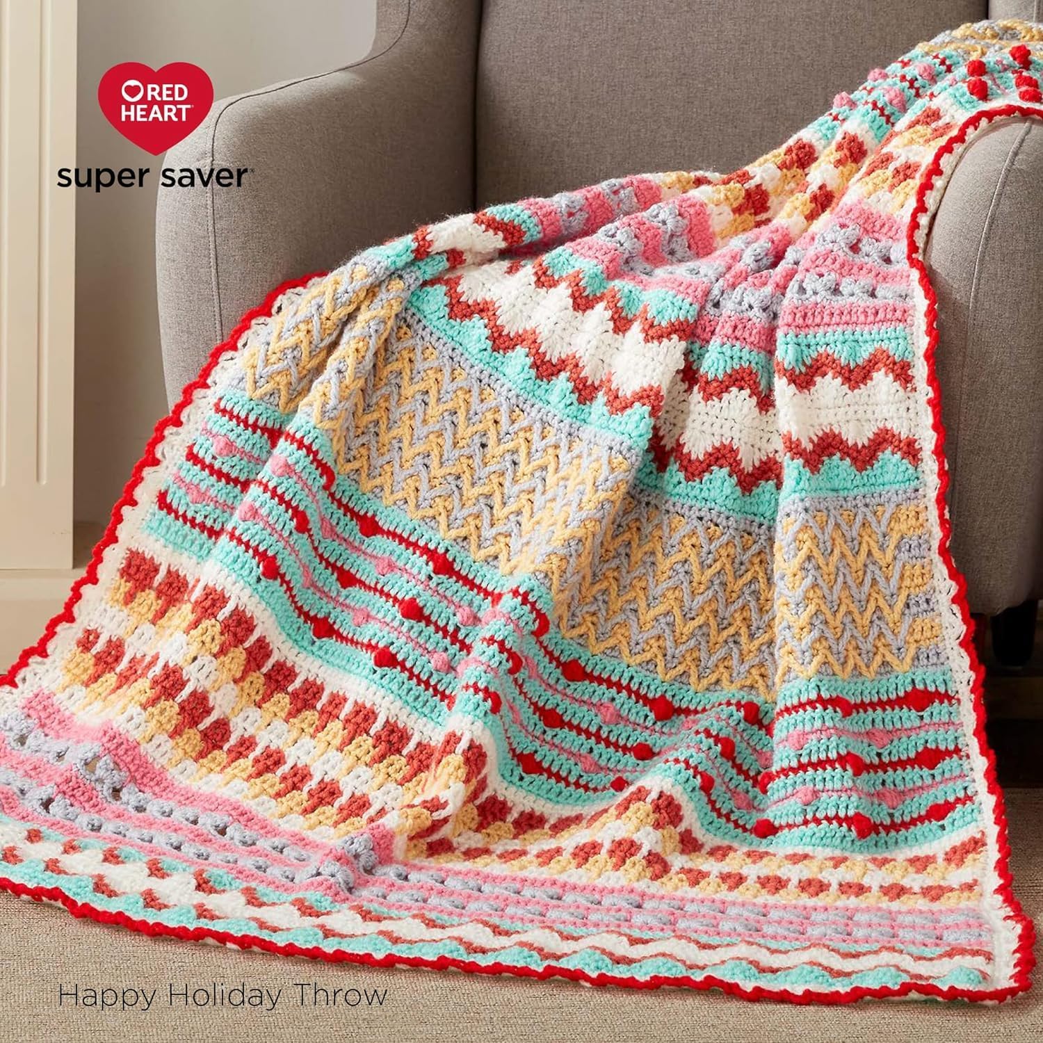 Highlights the Red Heart brand and showcases their colorful yarn product in the form of a crocheted throw blanket. Demonstrates how the crocheted throw can be used in a home setting, draped over a…