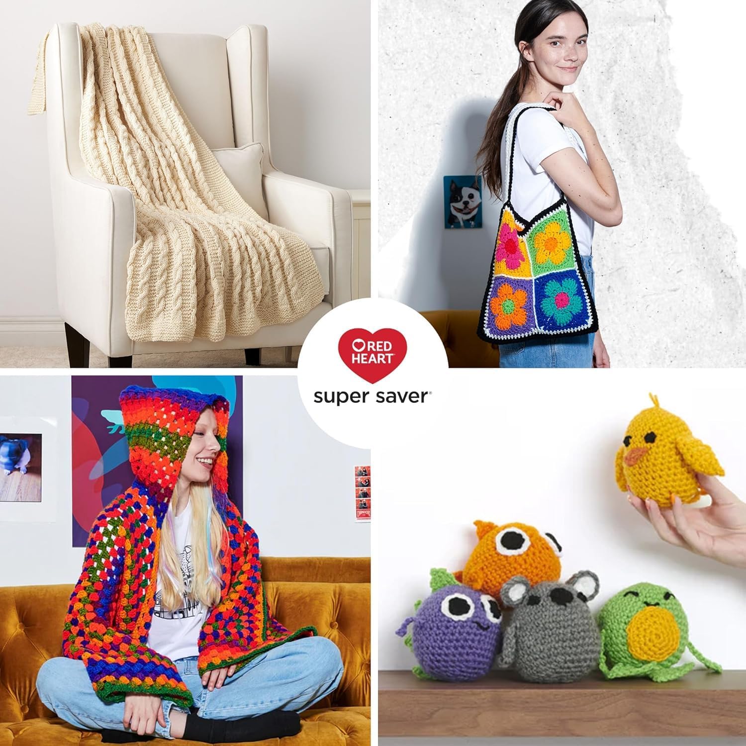 Showcases the variety of items that can be created using Red Heart Super Saver yarn, from blankets to bags to clothing and toys.