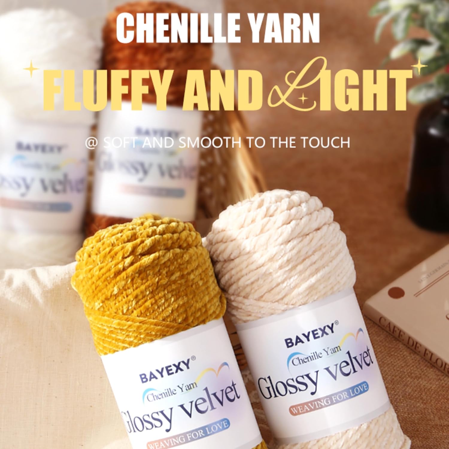 Highlights the fluffy and light texture of the chenille yarn to appeal to crafters looking for soft, comfortable materials.