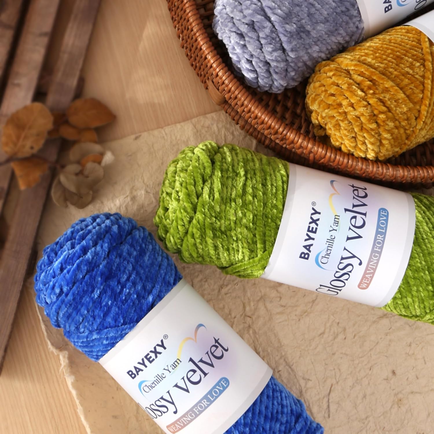 Showcases the range of vibrant colors available in the Bayexy Chenille Yarn product line.