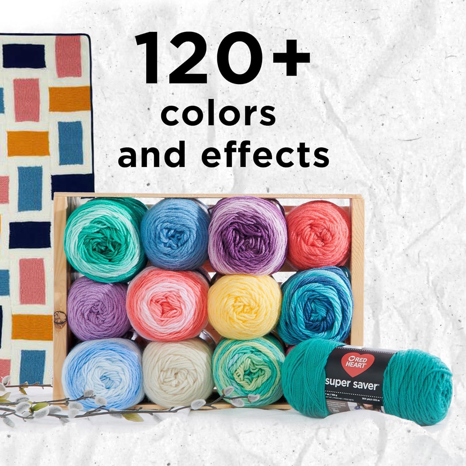 Highlights the wide range of colors available for the yarn product, emphasizing the extensive selection for crafters.
