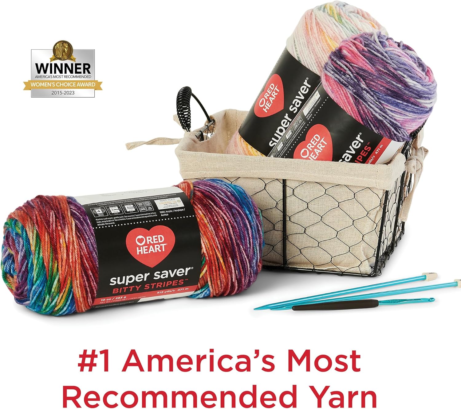 Highlights the product's status as America's most recommended yarn, building trust and credibility with shoppers. Shows the complete set of items included with the purchase, giving shoppers a clear…