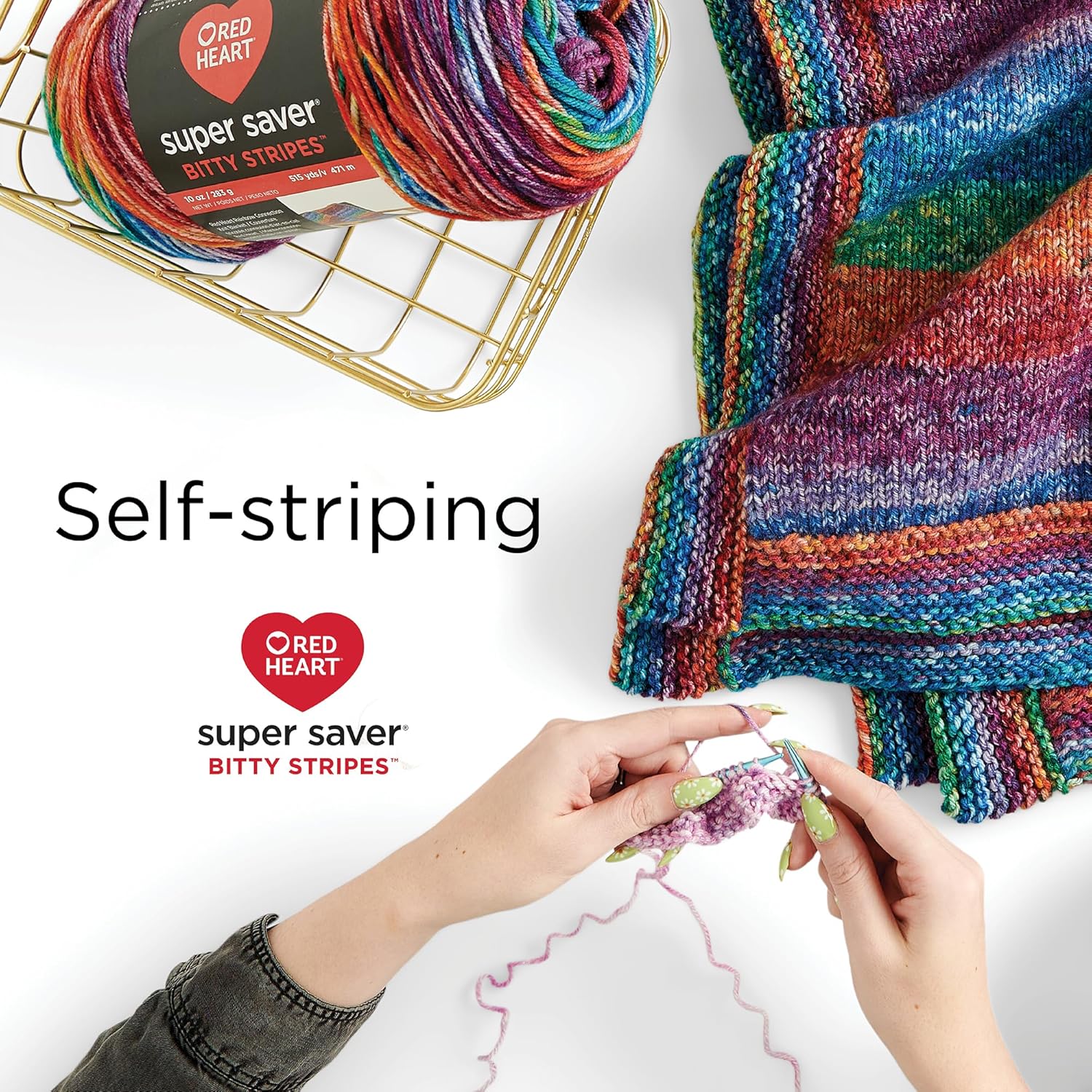 Highlights the self-striping feature of the yarn, showing how it creates colorful patterns without changing skeins.
