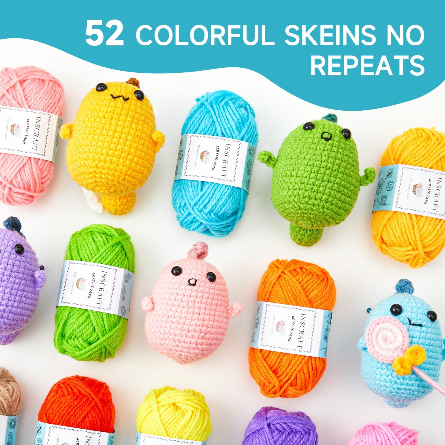 Highlights the large variety of colors available in the yarn set, emphasizing the value and creative possibilities for crafters. Shows the colorful yarn skeins included in the set along with cute…