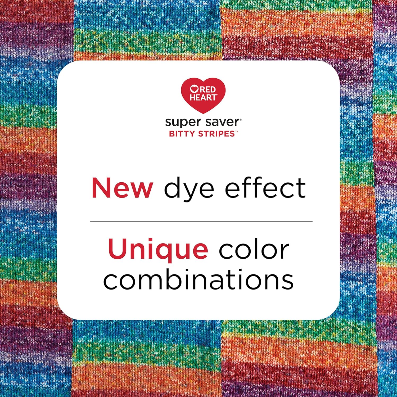 Highlights the new dye effect and unique color combinations of the Super Saver Bitty Stripes yarn, showcasing its visual appeal to crafters.