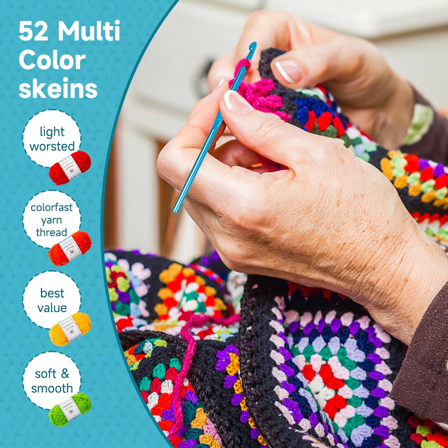 Showcases the wide range of colors and yarn types available in the product set, appealing to crafters who want versatility in their projects.
