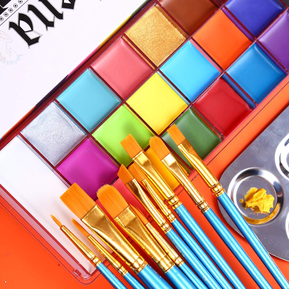 Shows the complete set of items included in the makeup kit, highlighting the variety of colors and tools provided.