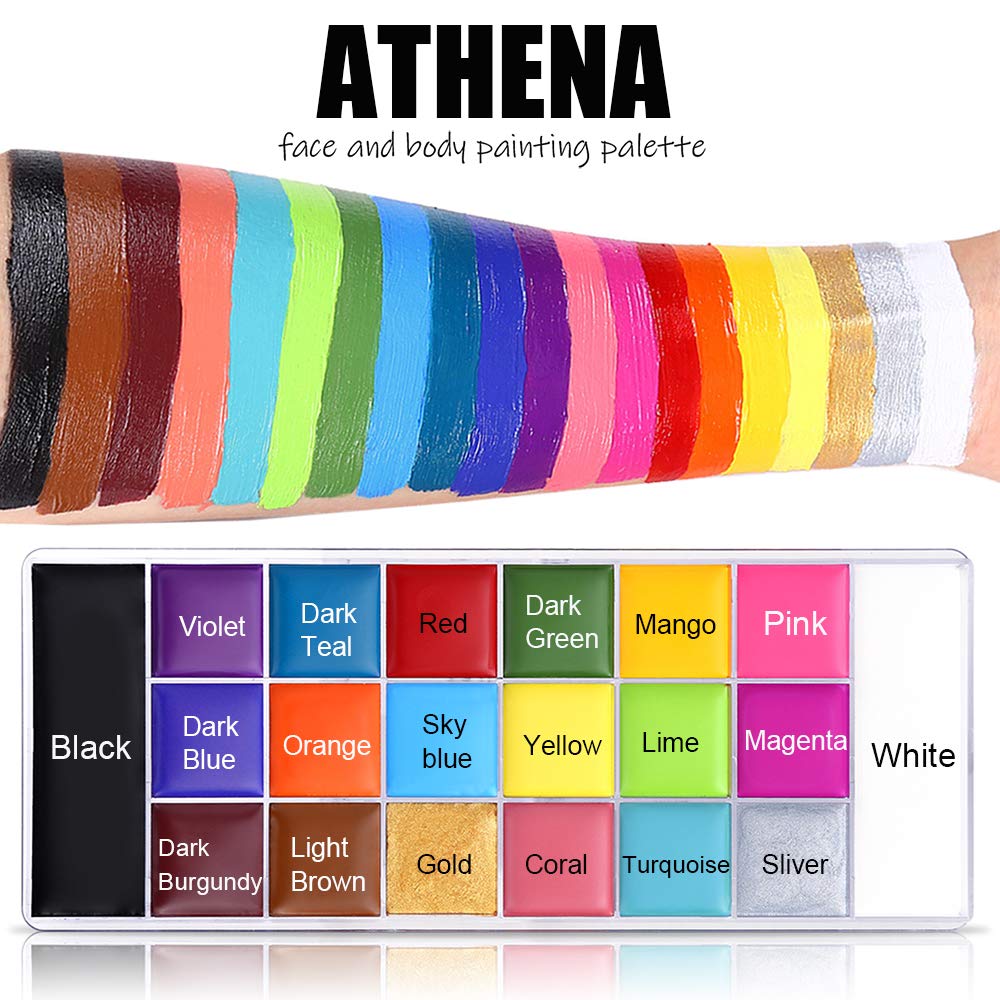 Showcases the full range of colors included in the face and body painting palette, allowing customers to see all available shades at a glance.