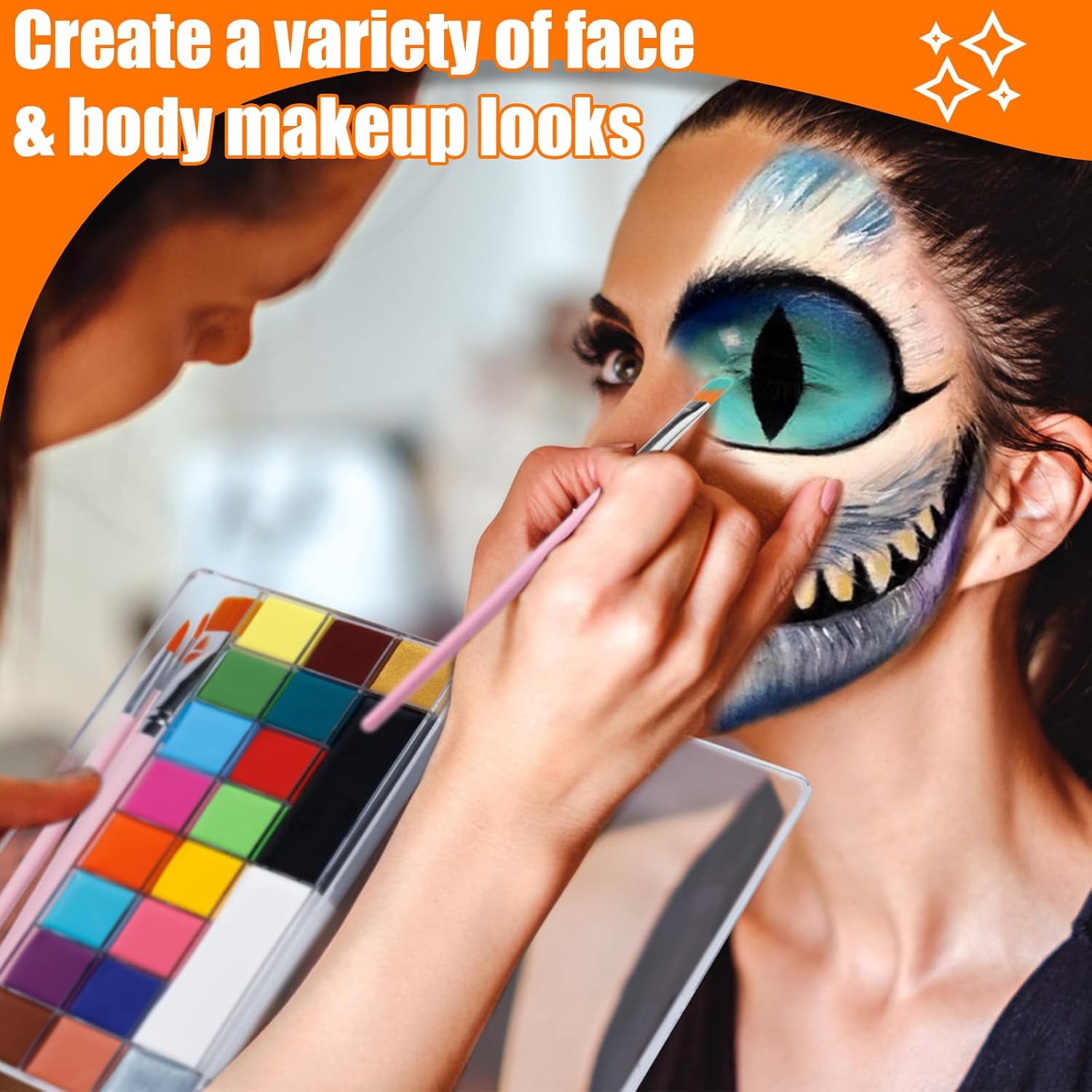 Showcases the versatility of the makeup product for creating unique and artistic face and body makeup designs. Demonstrates the process of applying creative makeup, encouraging customers to try…