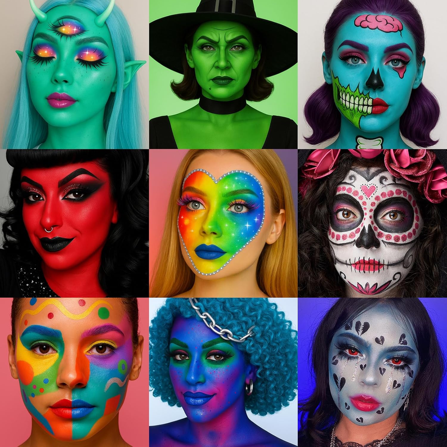 Showcases various creative makeup applications for costumes or special events, demonstrating the versatility and artistic possibilities of makeup products.