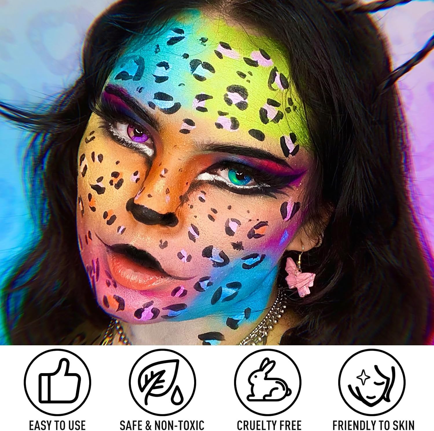 Highlights multiple key benefits of the makeup product to reassure customers about its ease of use, safety, ethical production, and skin compatibility.