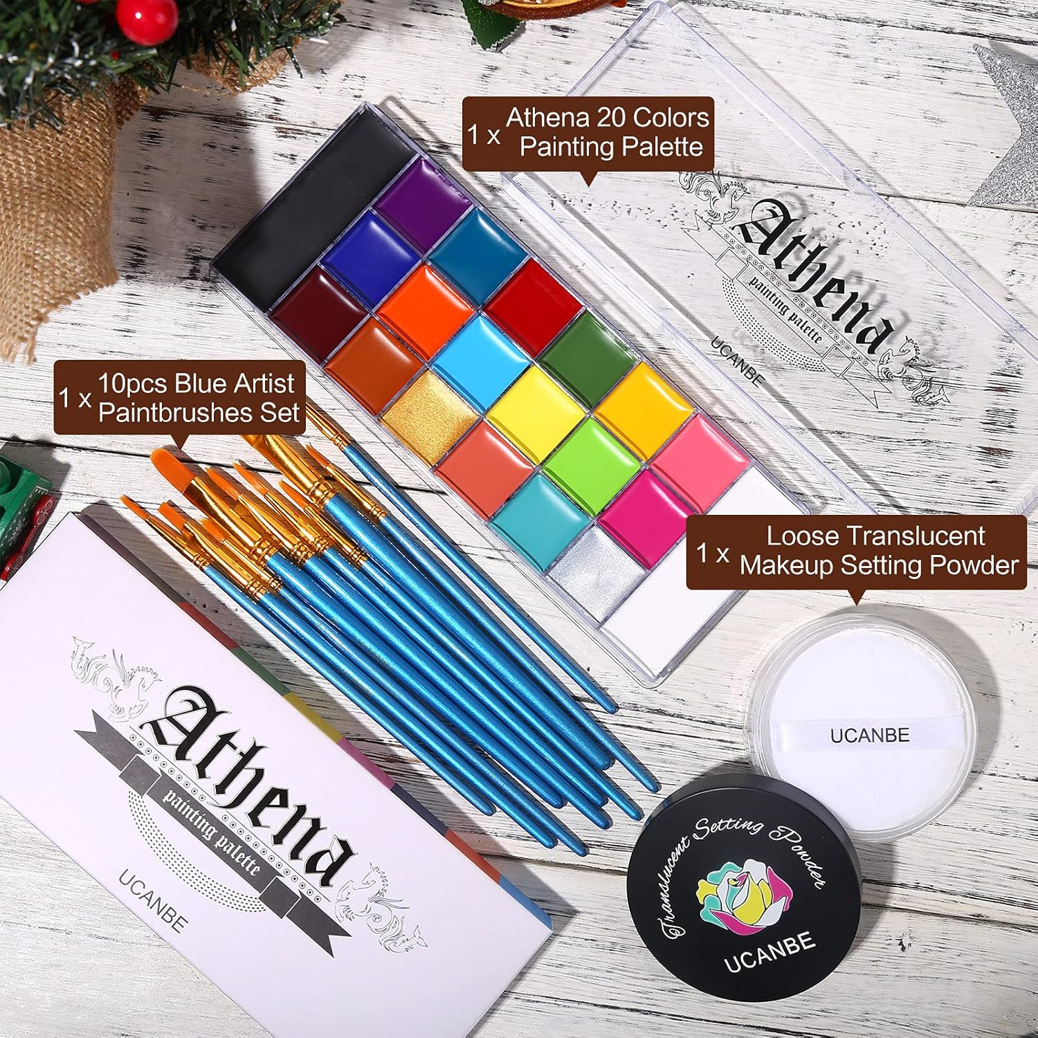 Shows the complete set of items included in the product bundle, highlighting the variety and value for artists or makeup enthusiasts.