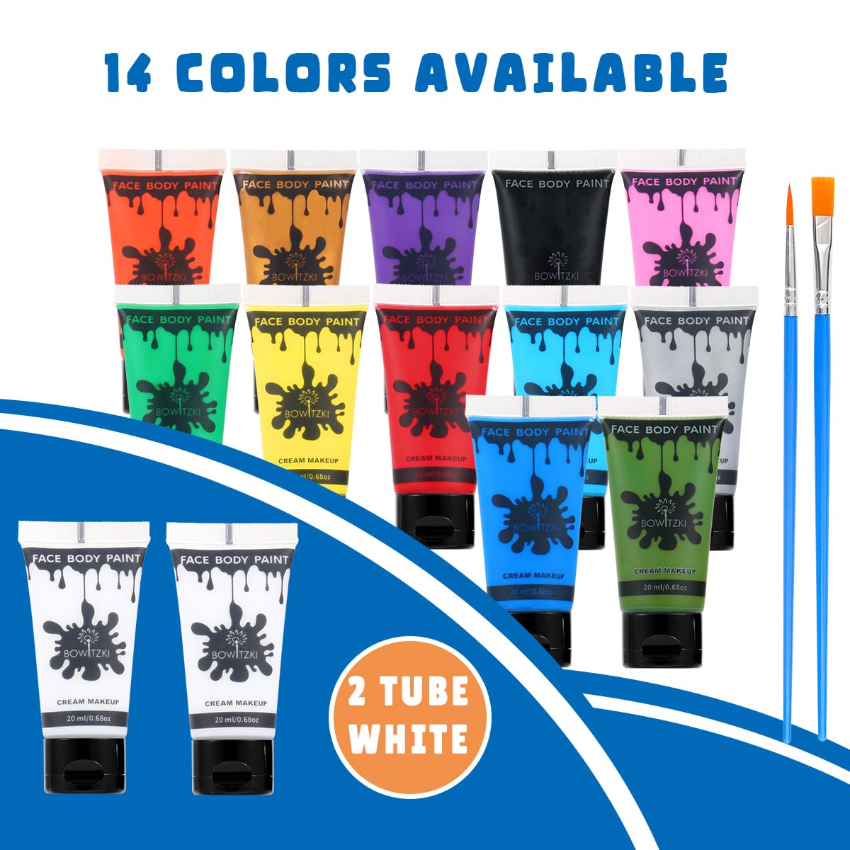 Showcases the wide range of 14 available colors and included brushes to highlight the product's versatility and value.