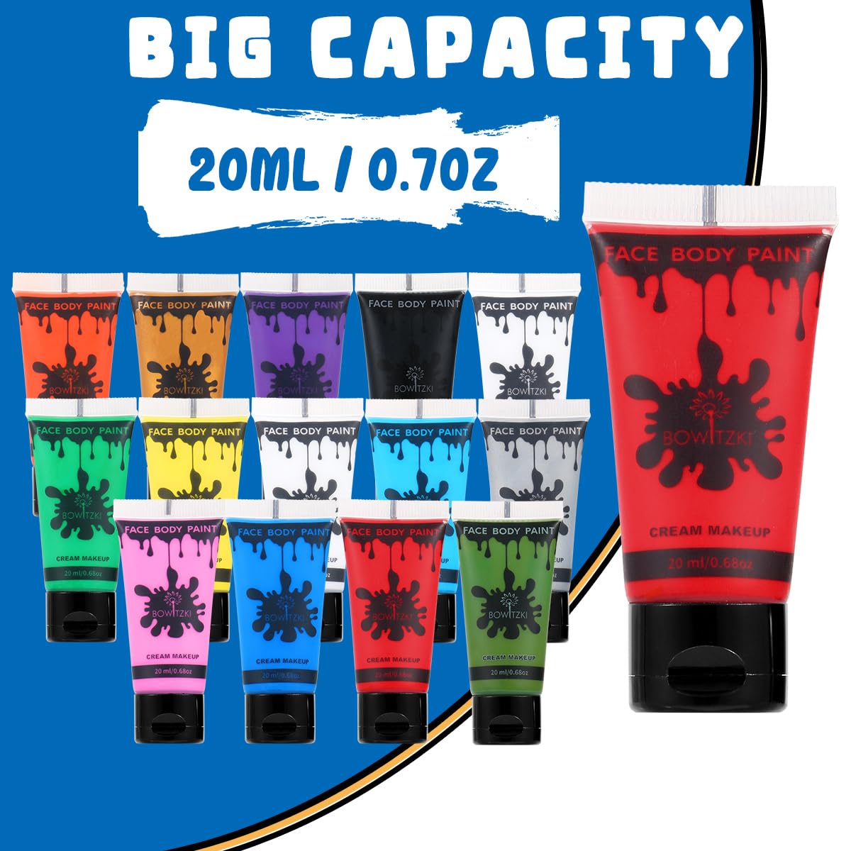 Highlights the large volume of face paint in each tube to emphasize value for money. Showcases the wide range of face paint colors available in the set to appeal to customers looking for versatility.