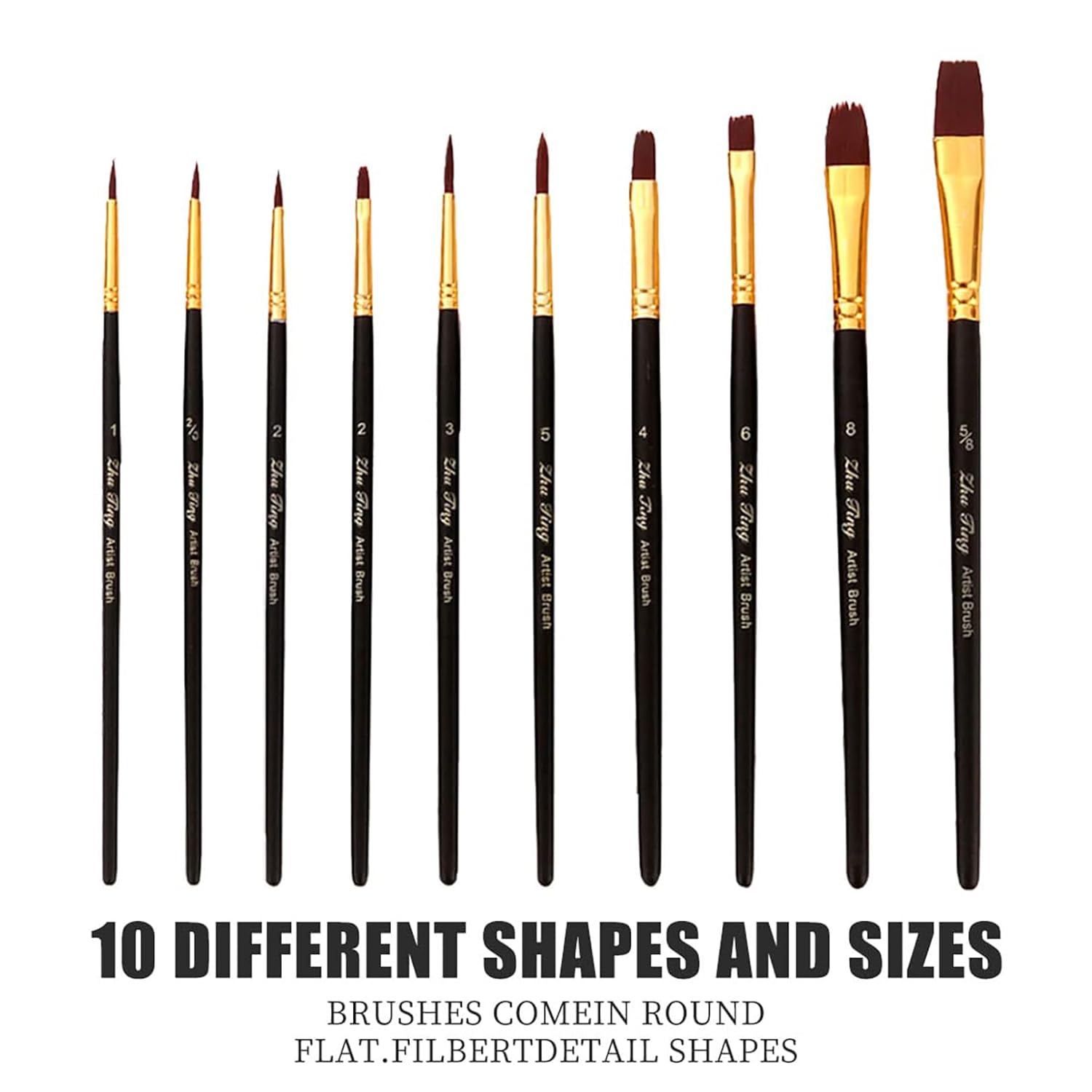Shows the complete set of brushes included in the product, highlighting the variety of shapes and sizes available for different painting techniques.