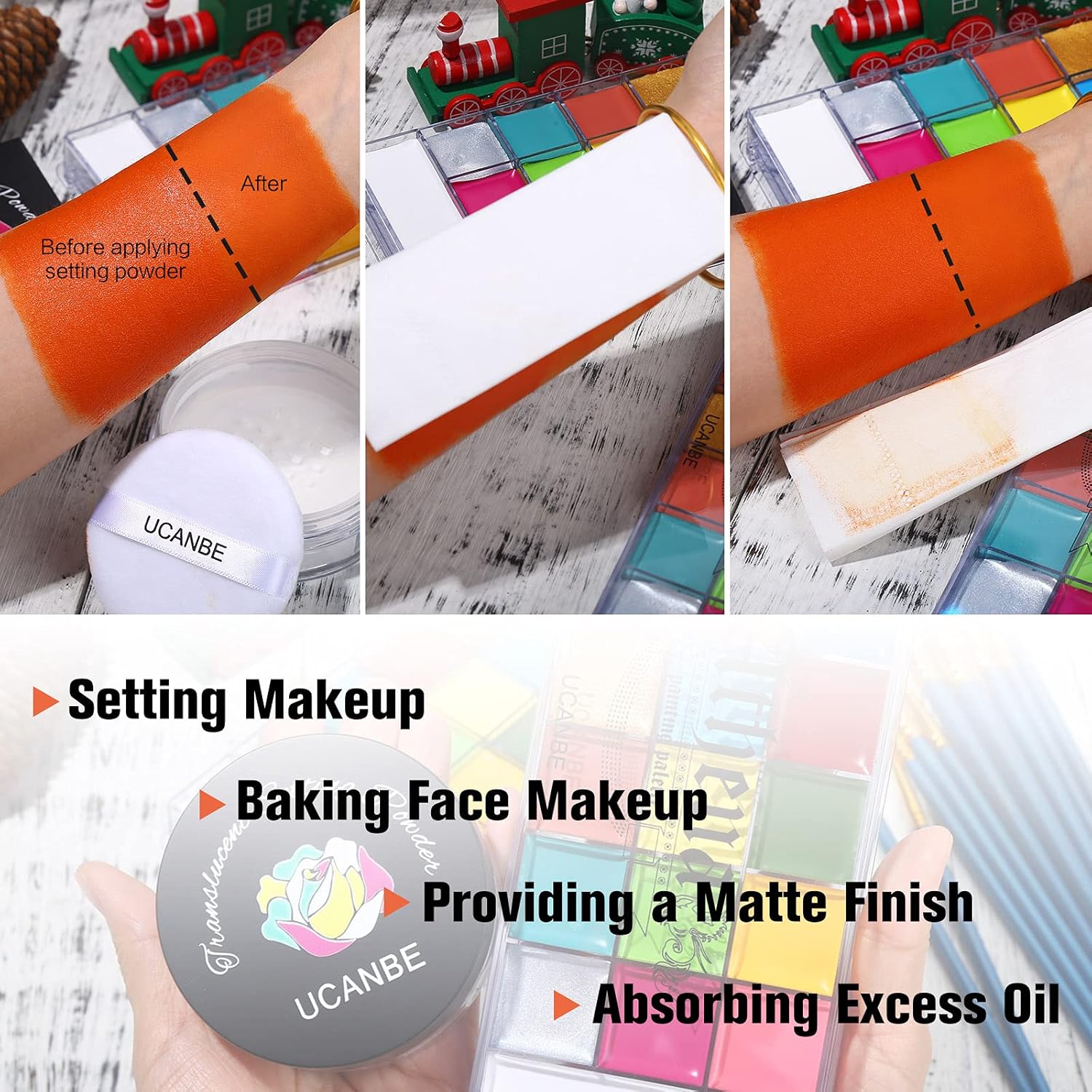 Demonstrates the effectiveness of the setting powder in creating a matte finish and absorbing excess oil on the skin. Provides a visual guide on how to use the setting powder for baking face makeup…