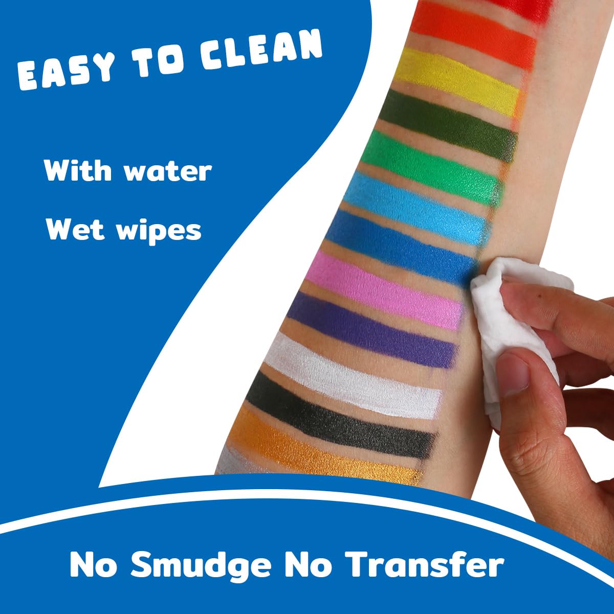 Demonstrates that the product (likely face paint or body paint) is easy to clean off using water or wet wipes, without smudging or transferring.