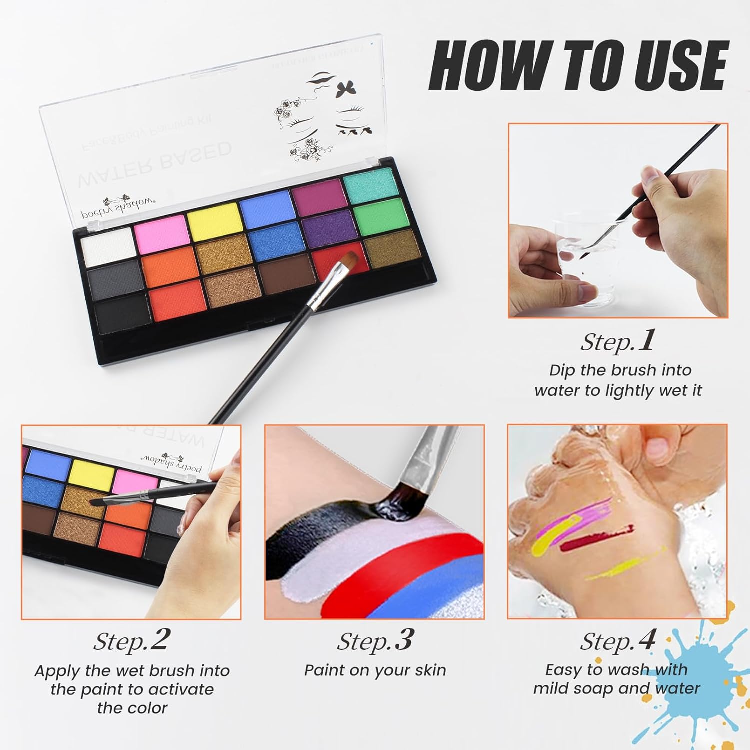 Provides step-by-step instructions on how to use the face paint palette, ensuring customers understand the proper application technique.