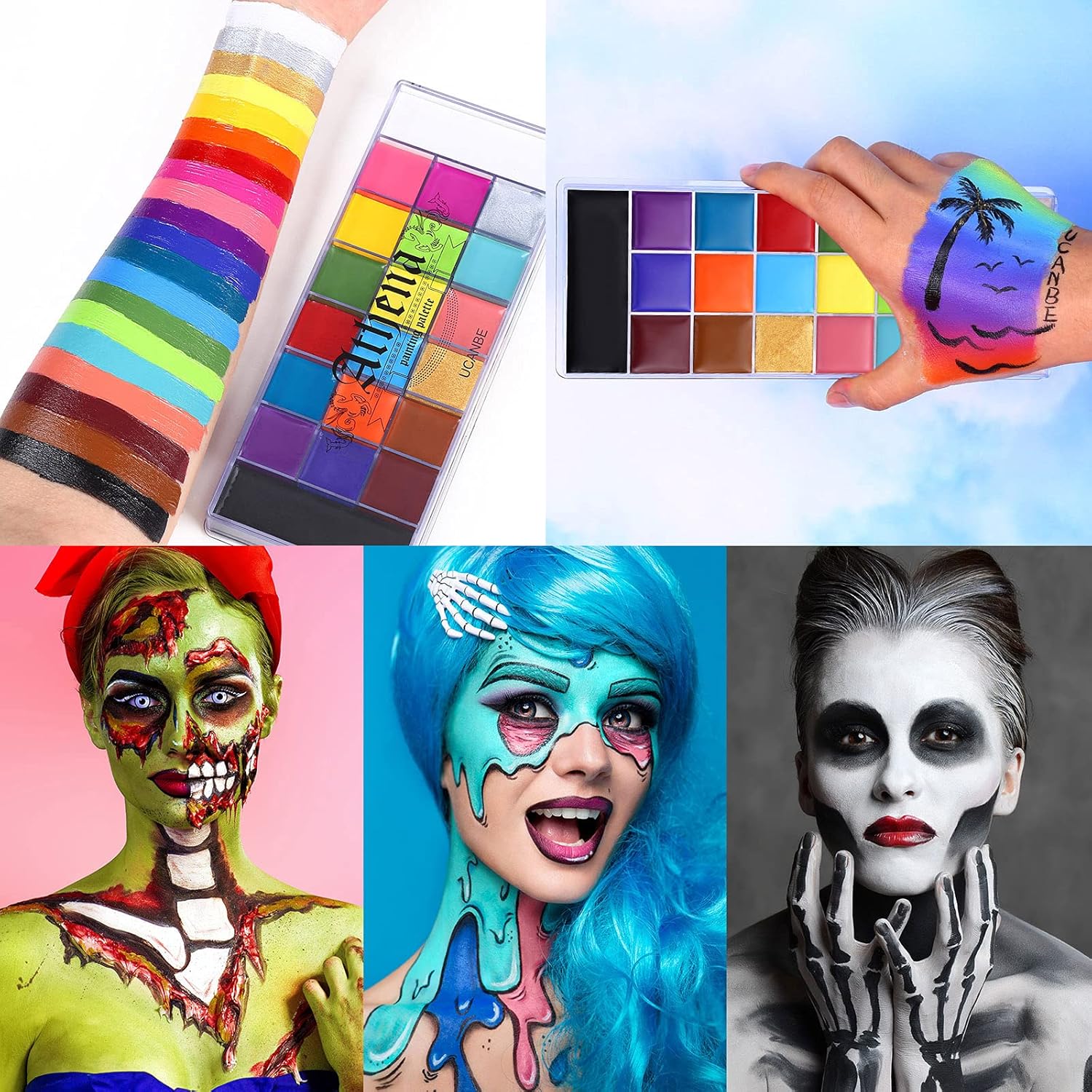 Showcases the wide range of vibrant colors and creative makeup applications possible with the product, from everyday looks to fantasy and costume designs.