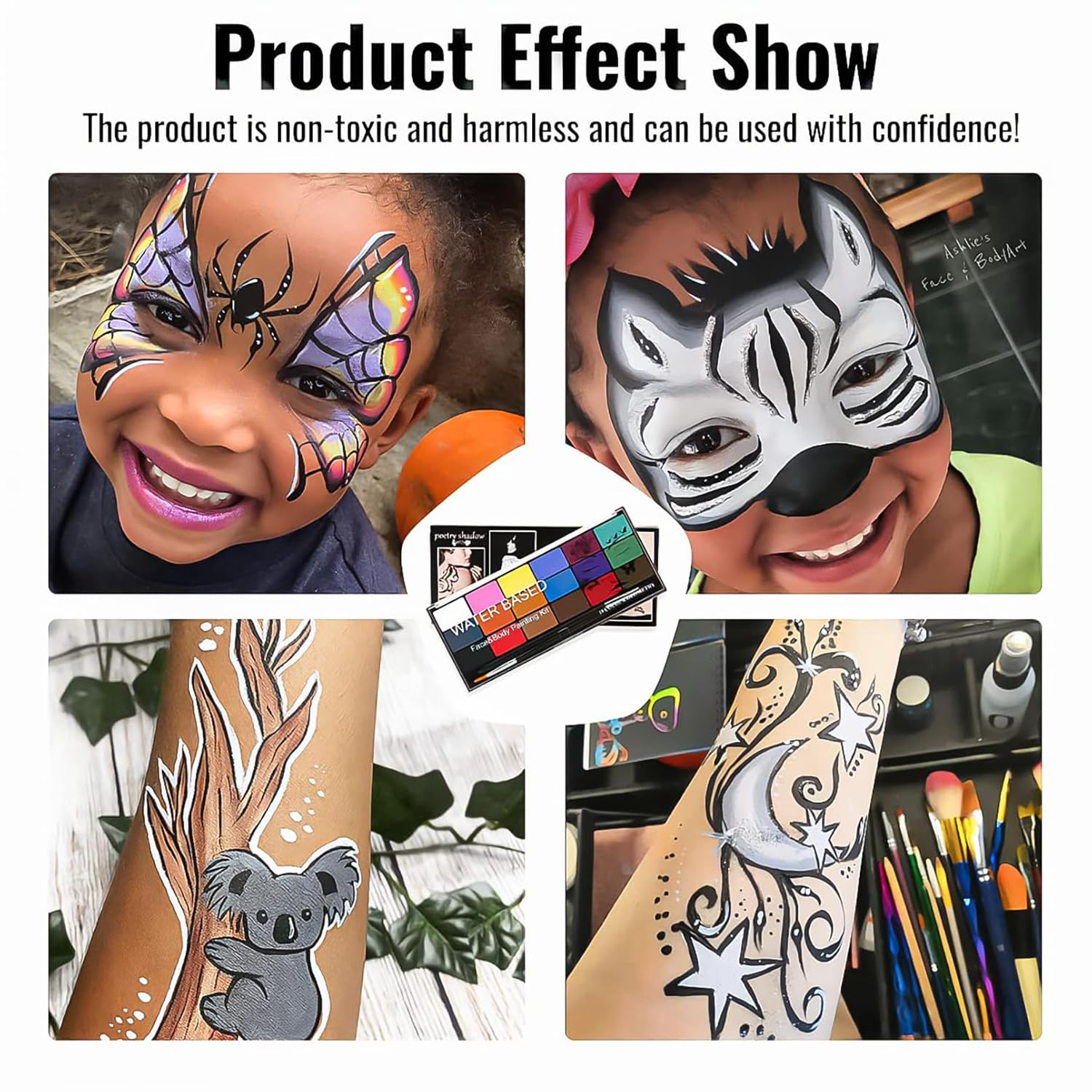 Reassures parents that the face paint product is safe and harmless for use on children's skin. Demonstrates various creative applications of the product for face and body painting.