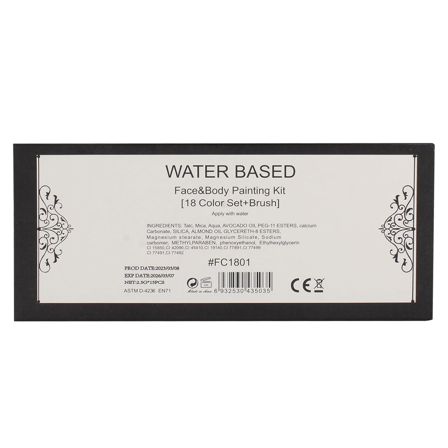 Informs customers that the product is safe for use on face and body, and is water-based for easy application and removal. Highlights the contents of the kit, showing customers they get a variety of…