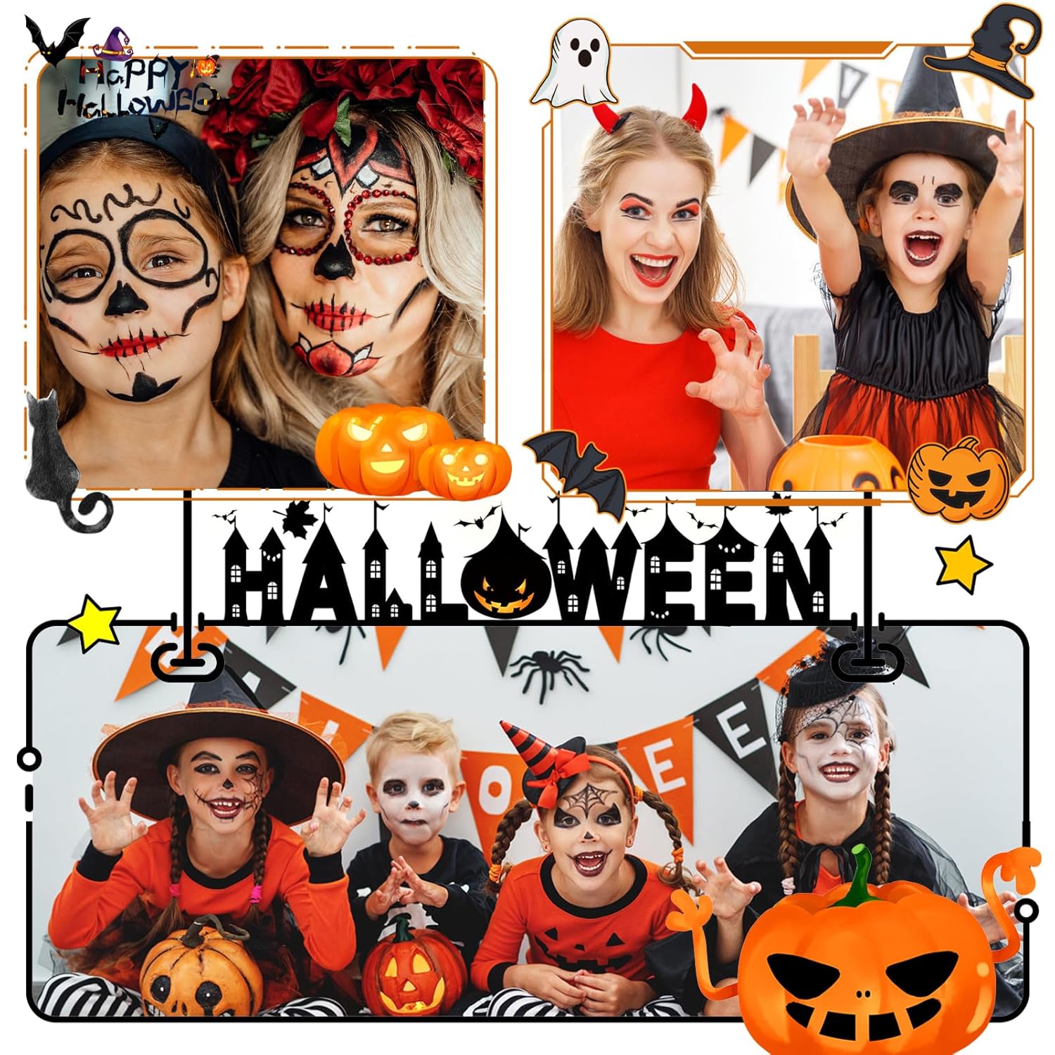 Showcases Halloween-themed costumes, makeup, and decorations to promote seasonal products or content related to Halloween celebrations.