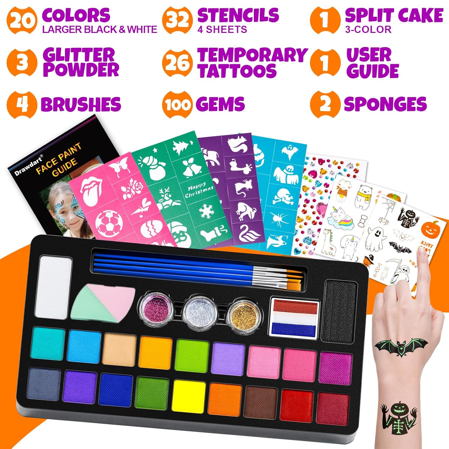 Shows all the items included in the face paint kit, highlighting the variety and value of the product.