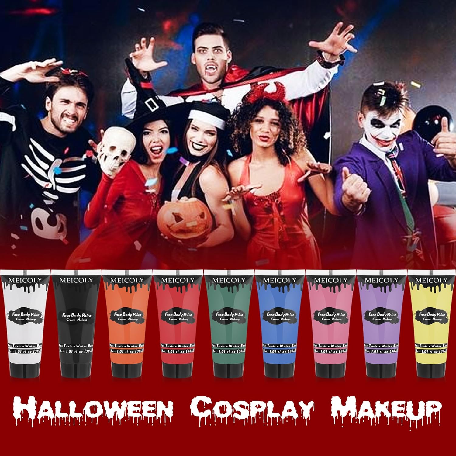 Showcases the product's use for Halloween costumes and makeup, encouraging purchase for seasonal festivities. Demonstrates the versatility of the face paint for creating different Halloween…