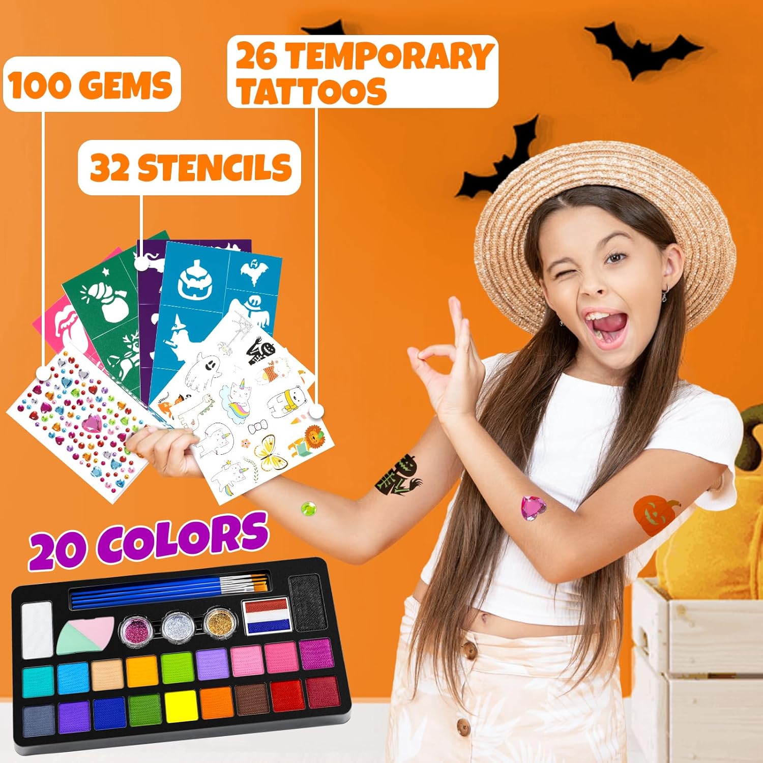 Showcases all the items included in the face paint kit, highlighting the variety and value for customers. Ties the product to Halloween festivities with bat decorations and pumpkin stencils, making…