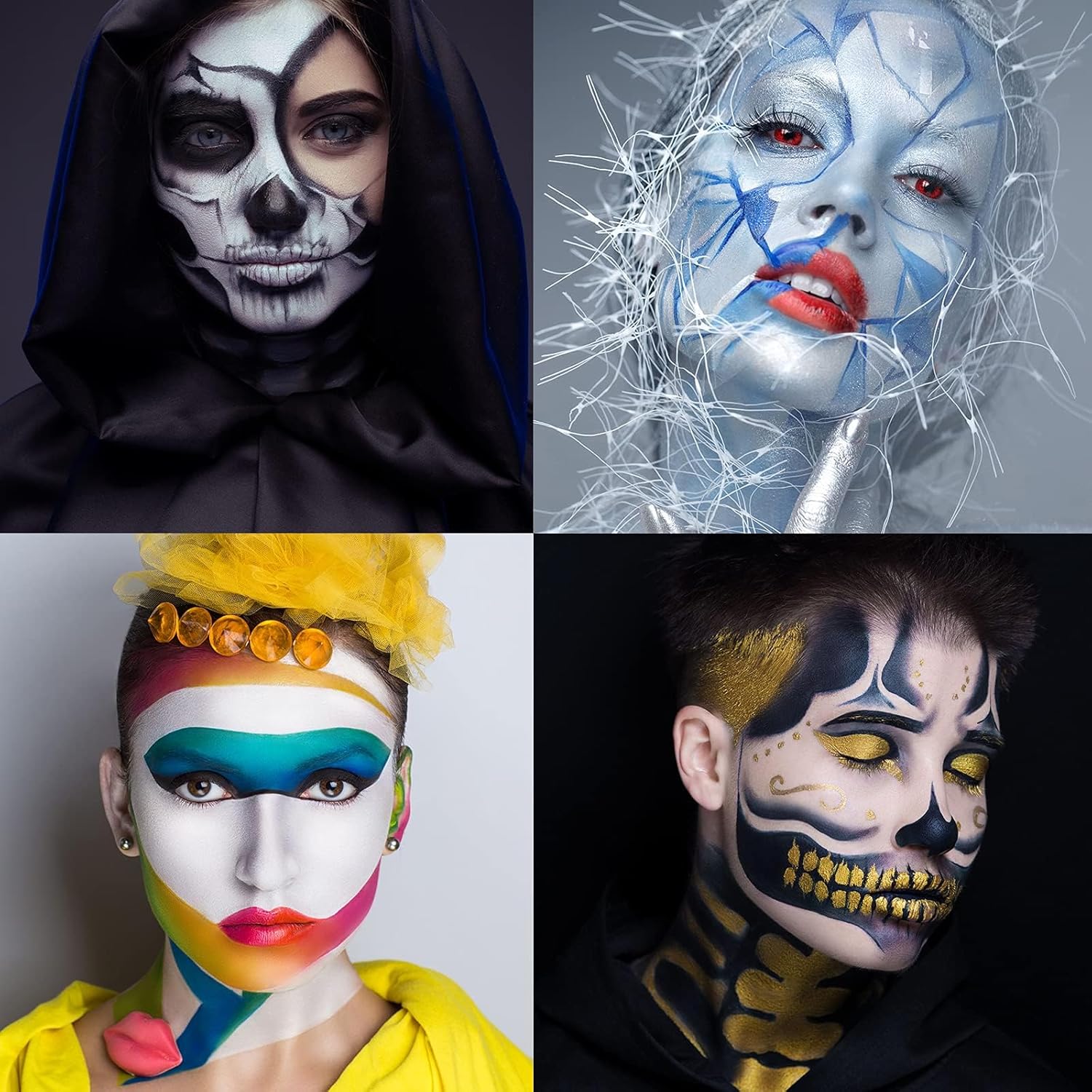 Showcases the versatility and creativity of makeup application techniques for various themed looks or characters.