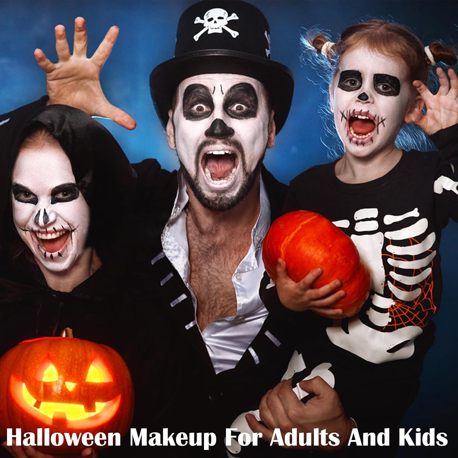 Showcases Halloween-themed makeup and costumes for both adults and children to inspire customers for their Halloween celebrations. Demonstrates how the product (Halloween makeup) can be used by both…