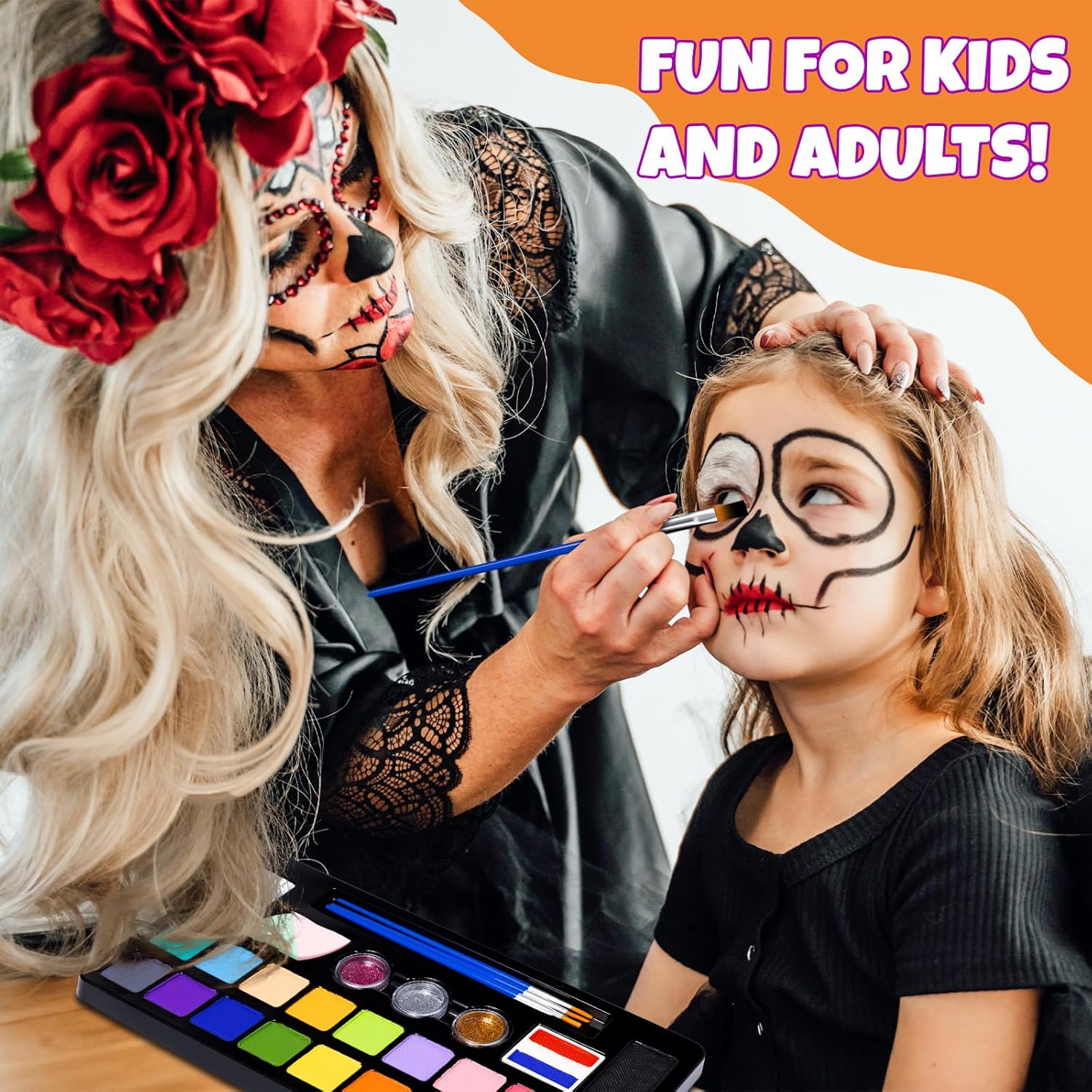 Demonstrates that the face painting kit is suitable for both children and adults, appealing to a wider audience.