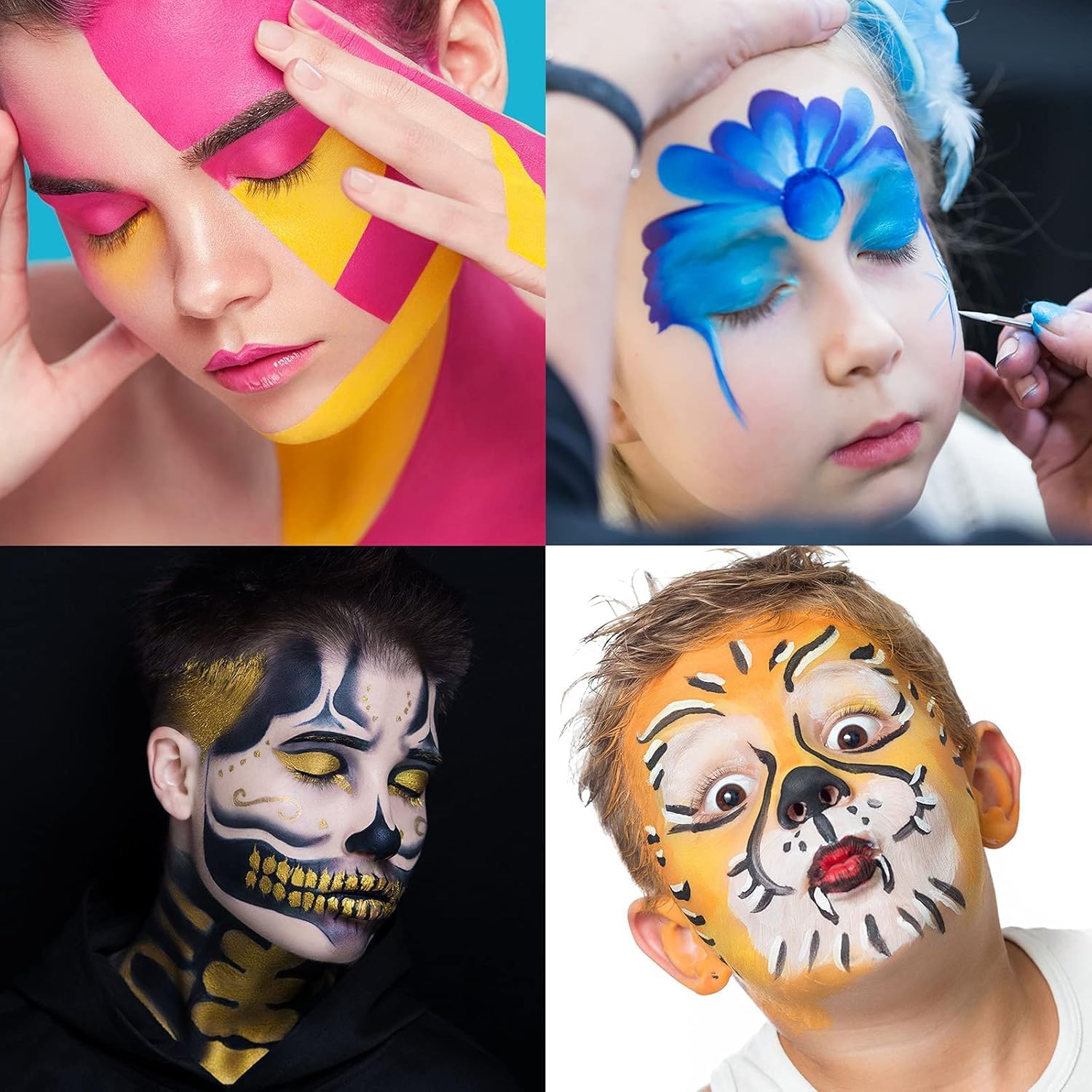 Showcases different face painting styles and designs to demonstrate the product's versatility for various occasions or themes.