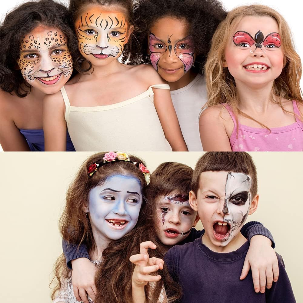 Showcases various face painting designs to demonstrate the product's versatility for different occasions and characters.