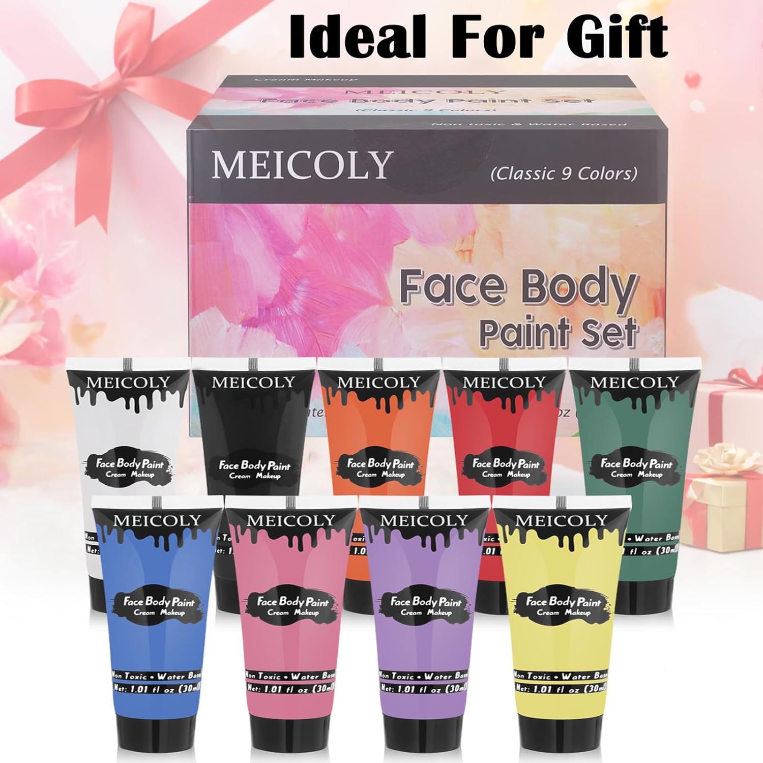 Positions the face paint set as an ideal gift option, likely for holidays or special occasions. Shows the complete set of face paint colors included in the product package.