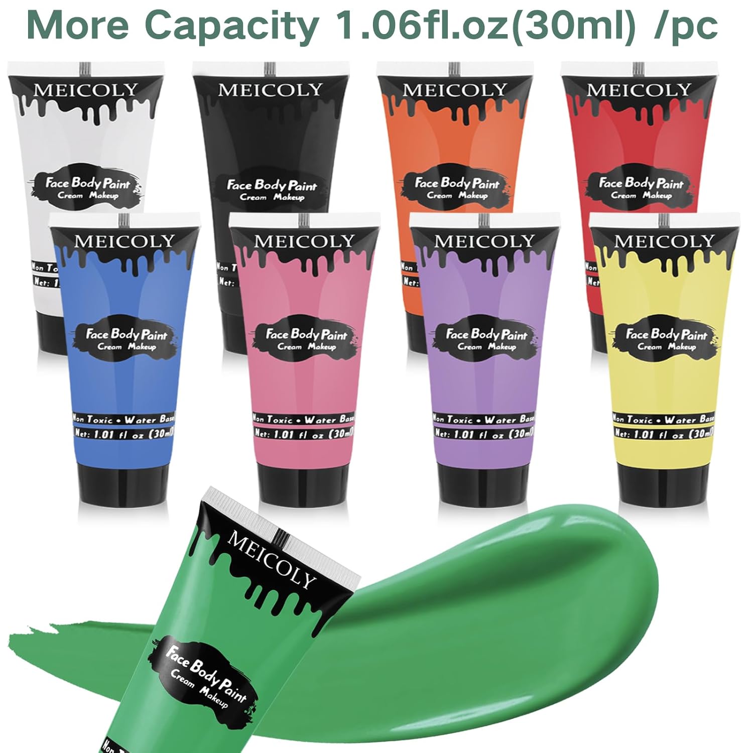 Showcases the full range of face paint colors available and highlights the increased capacity of each tube.
