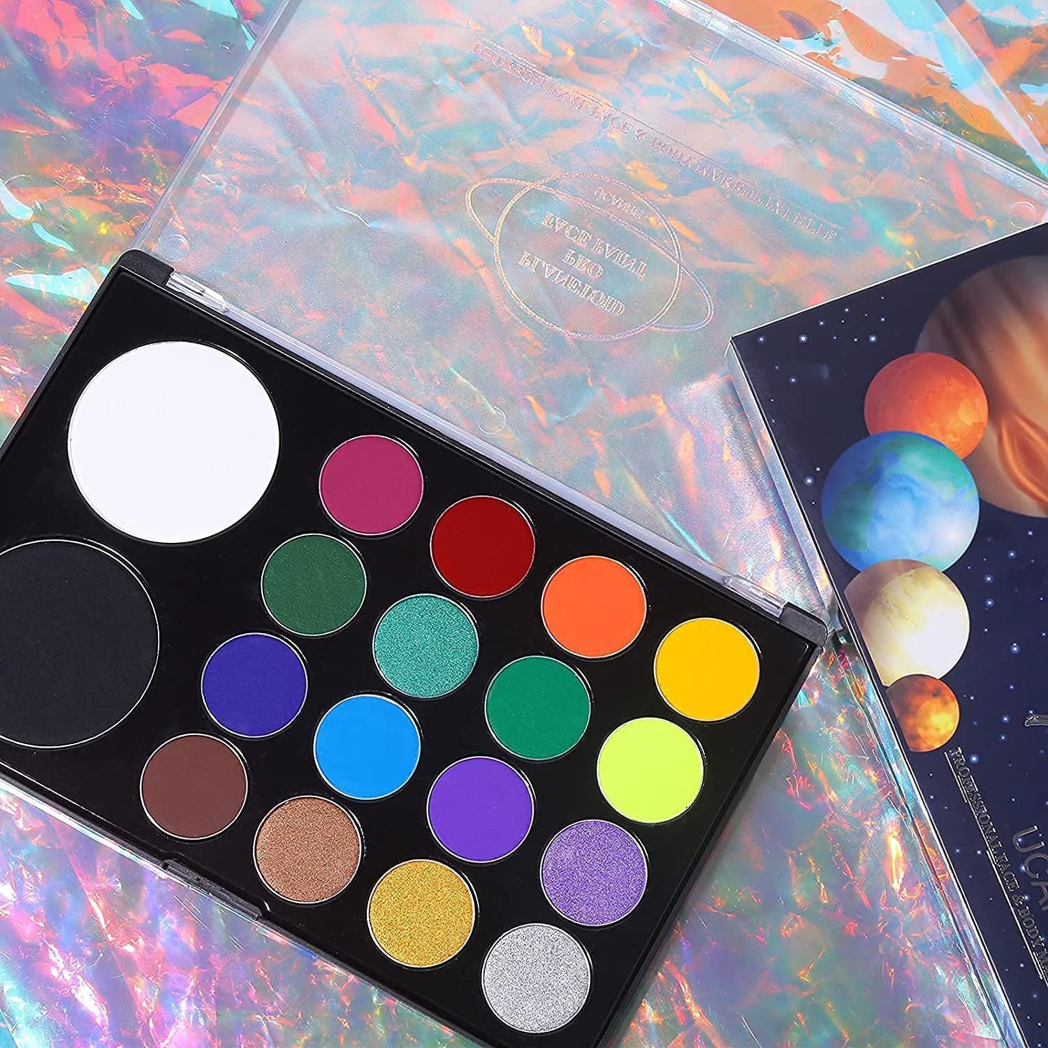 Showcases the brand's space-inspired cosmetic palette to appeal to customers interested in unique, celestial-themed makeup products.