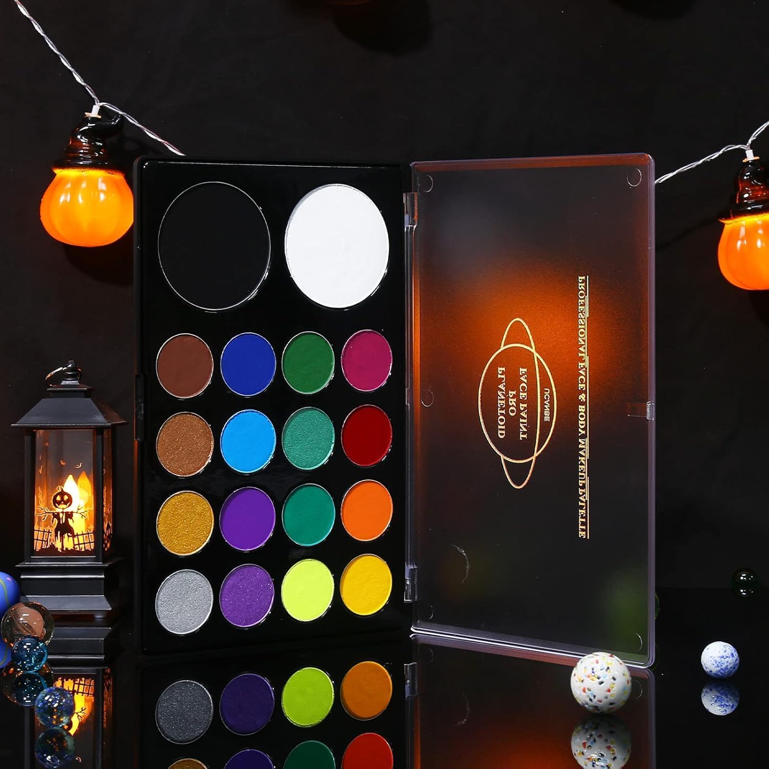 Showcases a colorful eyeshadow palette with Halloween-inspired decorations to appeal to customers looking for festive makeup options.