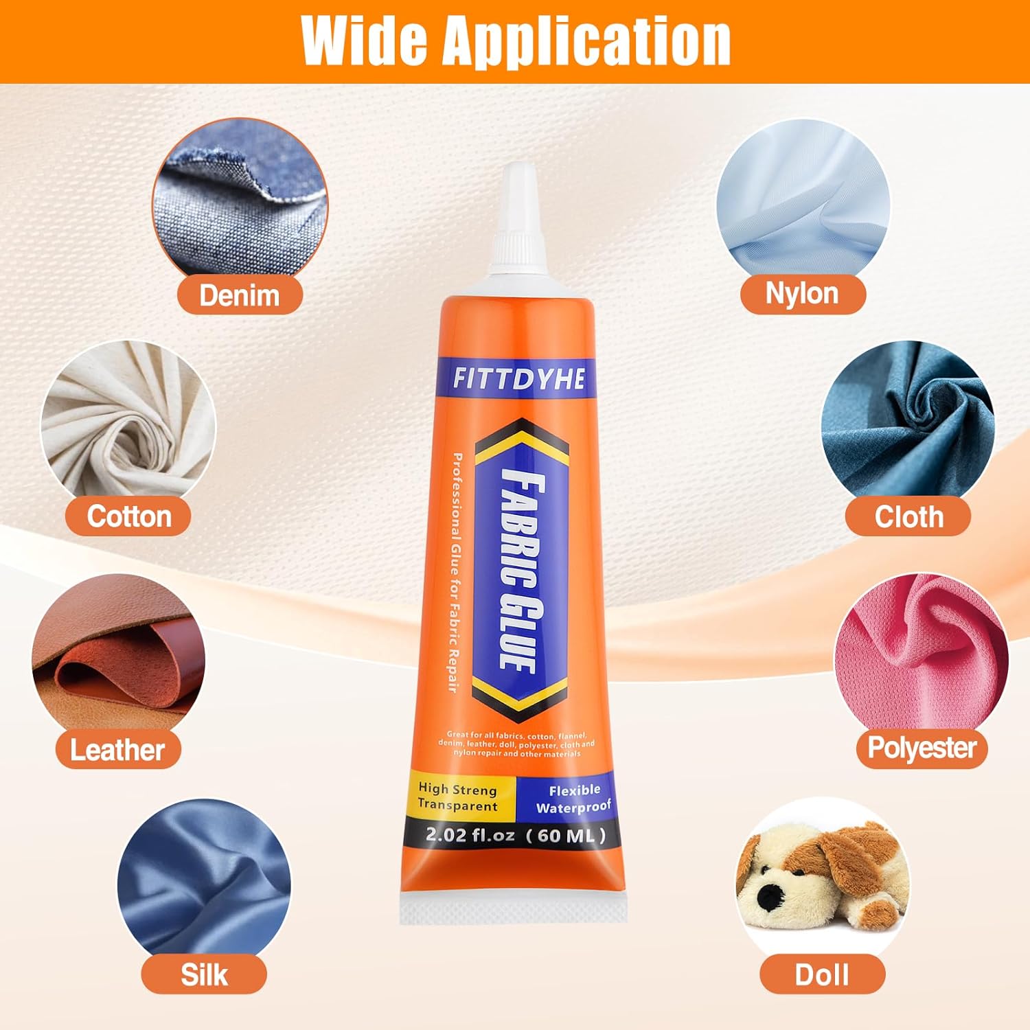 Demonstrates the versatility of the fabric glue by showing its compatibility with various materials like denim, nylon, cotton, leather, and more.