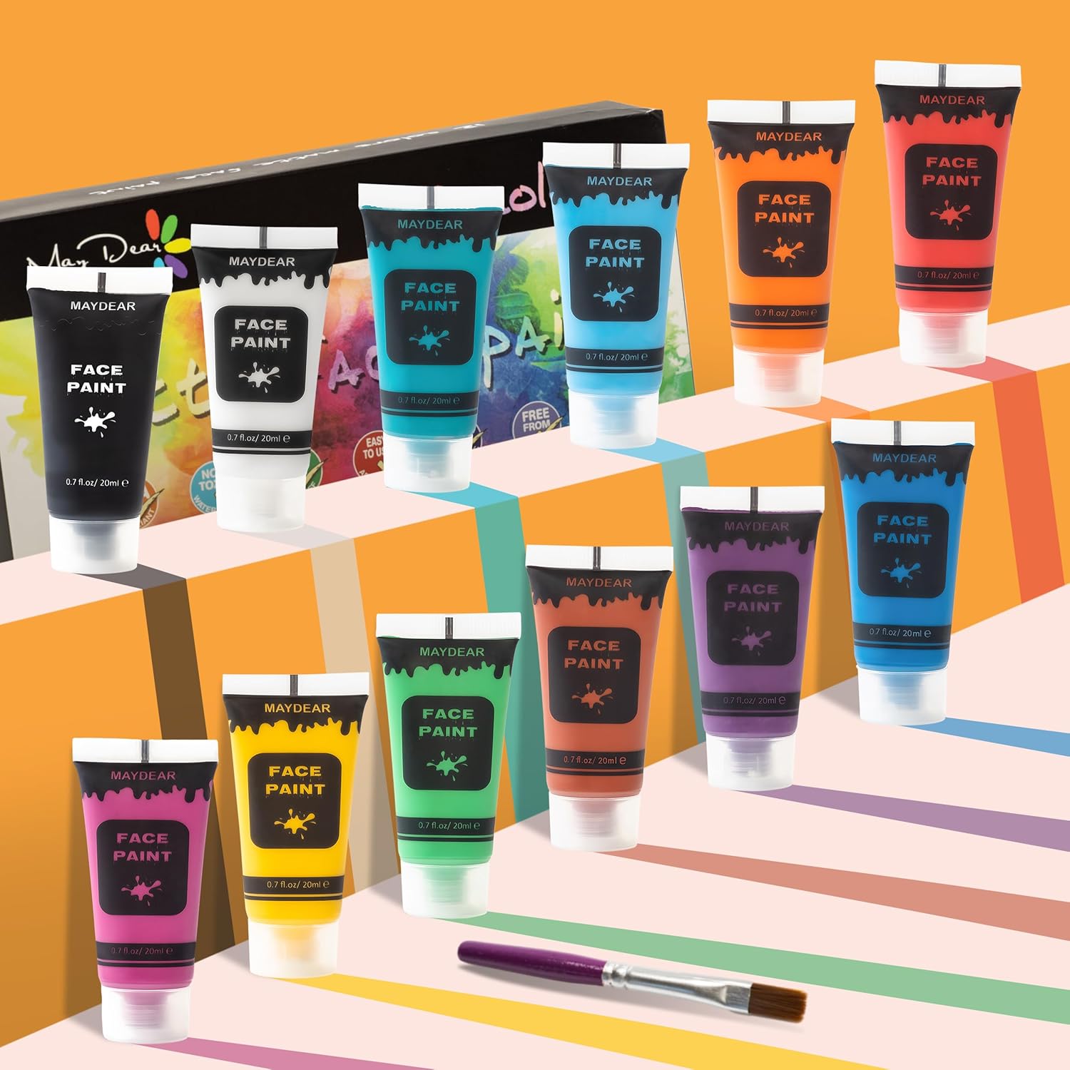 Shows the complete set of face paint colors included in the product package, allowing customers to see the variety and quantity of paints available.