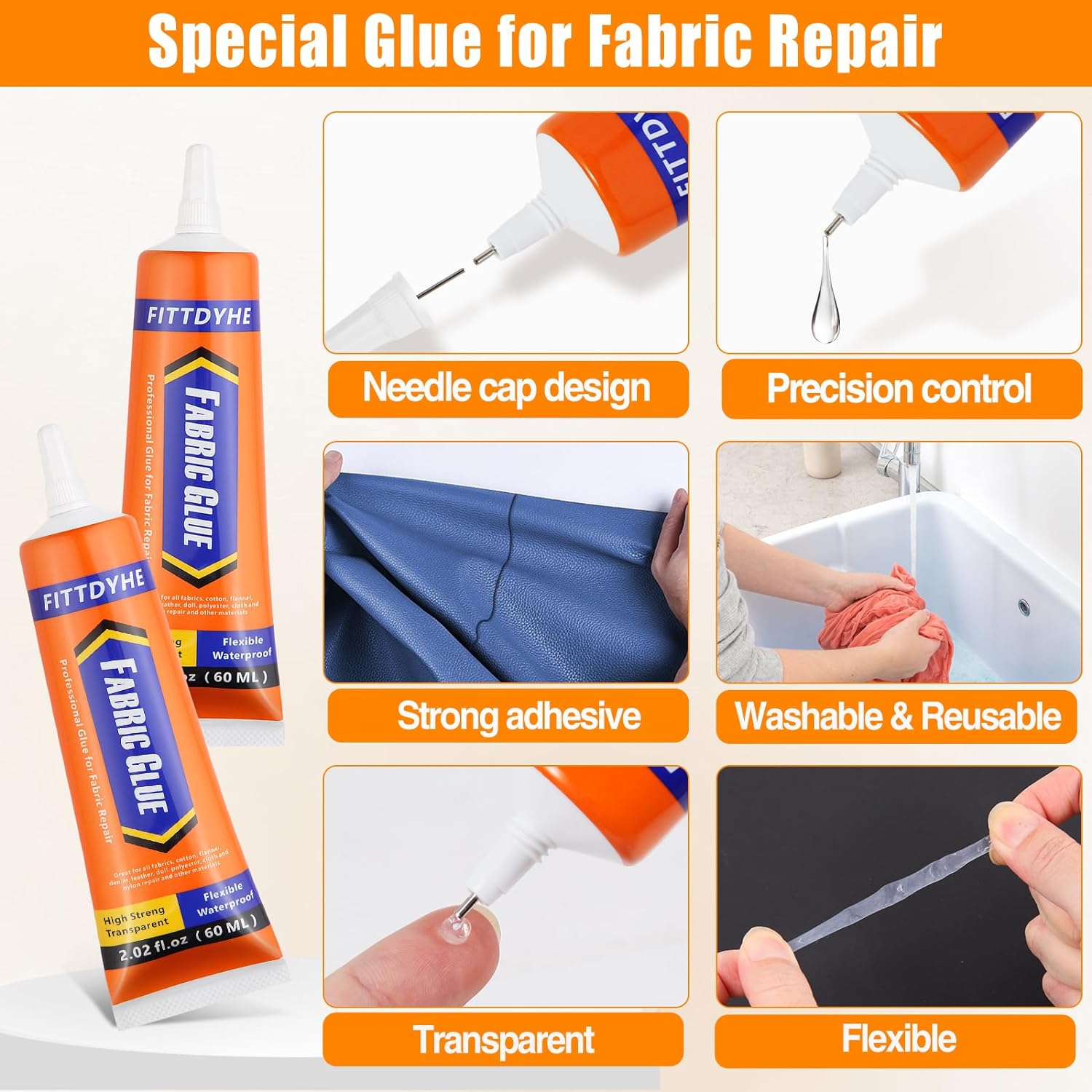 Highlights multiple key features and benefits of the fabric repair glue to demonstrate its versatility and effectiveness for various repair needs.