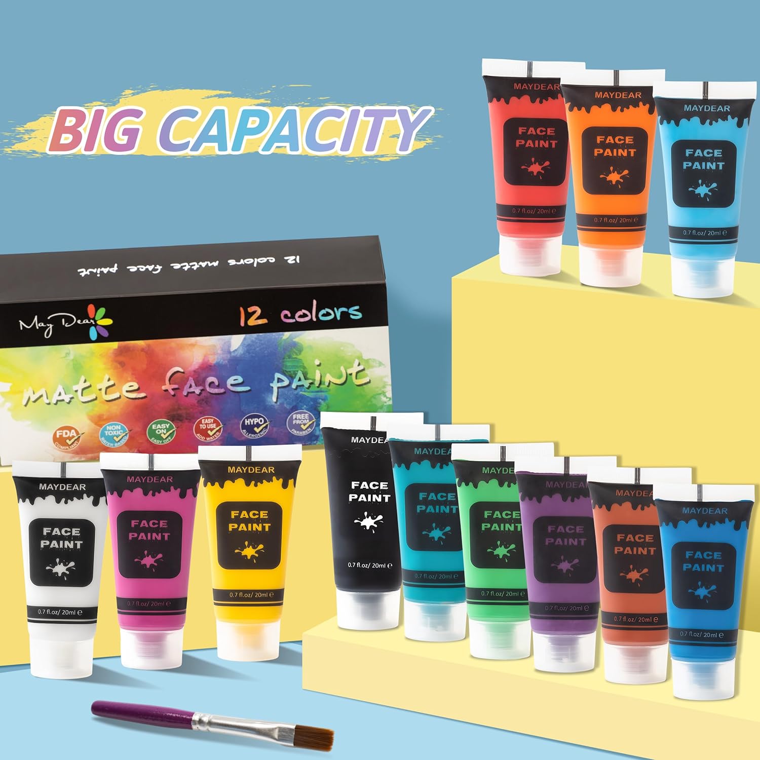 Showcases the full set of 12 colorful face paint tubes included in the product, emphasizing variety and value. Highlights the large size of the face paint tubes, suggesting the product offers good…