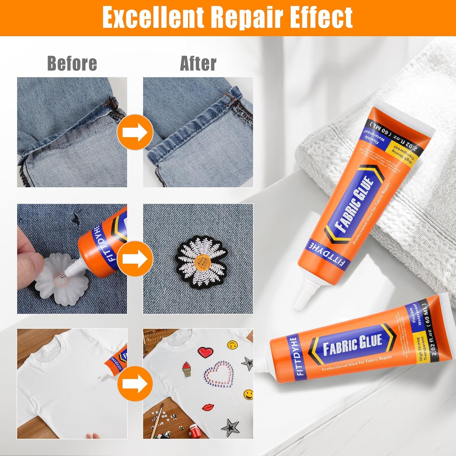 Demonstrates the effectiveness of the fabric glue in repairing various types of fabric damage and adding embellishments. Shows multiple examples of how to use the fabric glue for different repair…